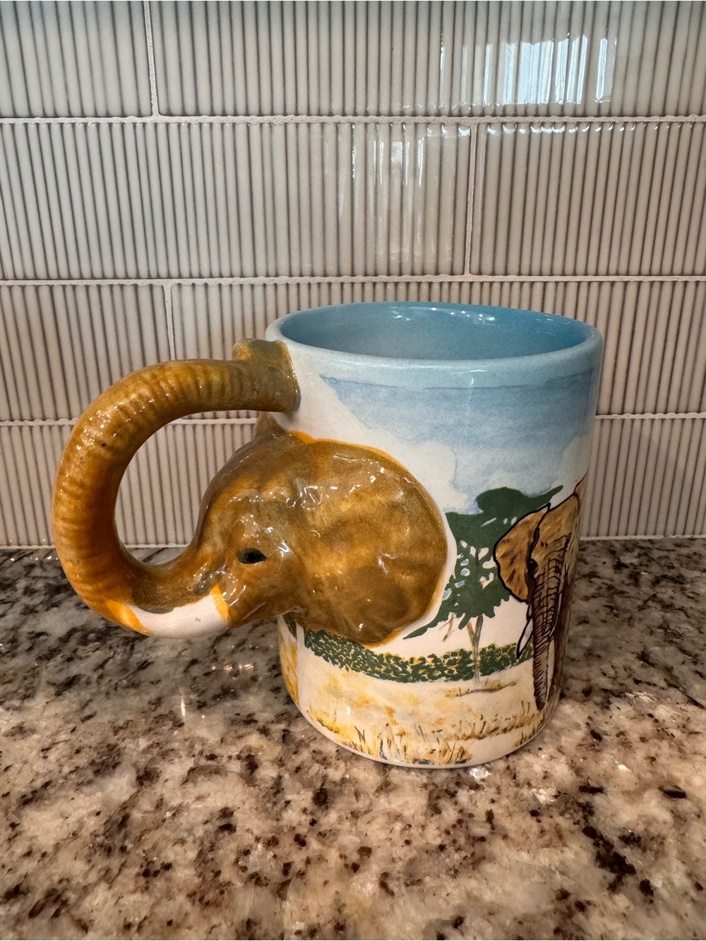 Vintage 1990 Five and Dime Elephant Handle Mug in Sky Blue and Golden Brown